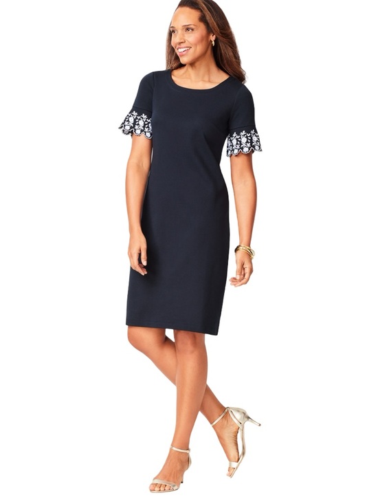 Talbots Dresses & Skirts - Talbots Embroidered Scalloped Sleeve Navy Blue Shift Dress Large